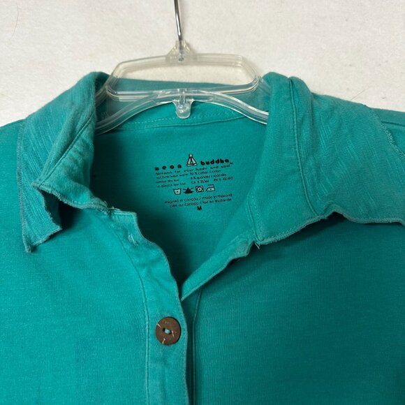 Neon Buddha Shirt Sz M thermal mixed media button up turquoise blue raw seams - Picture 3 of 5